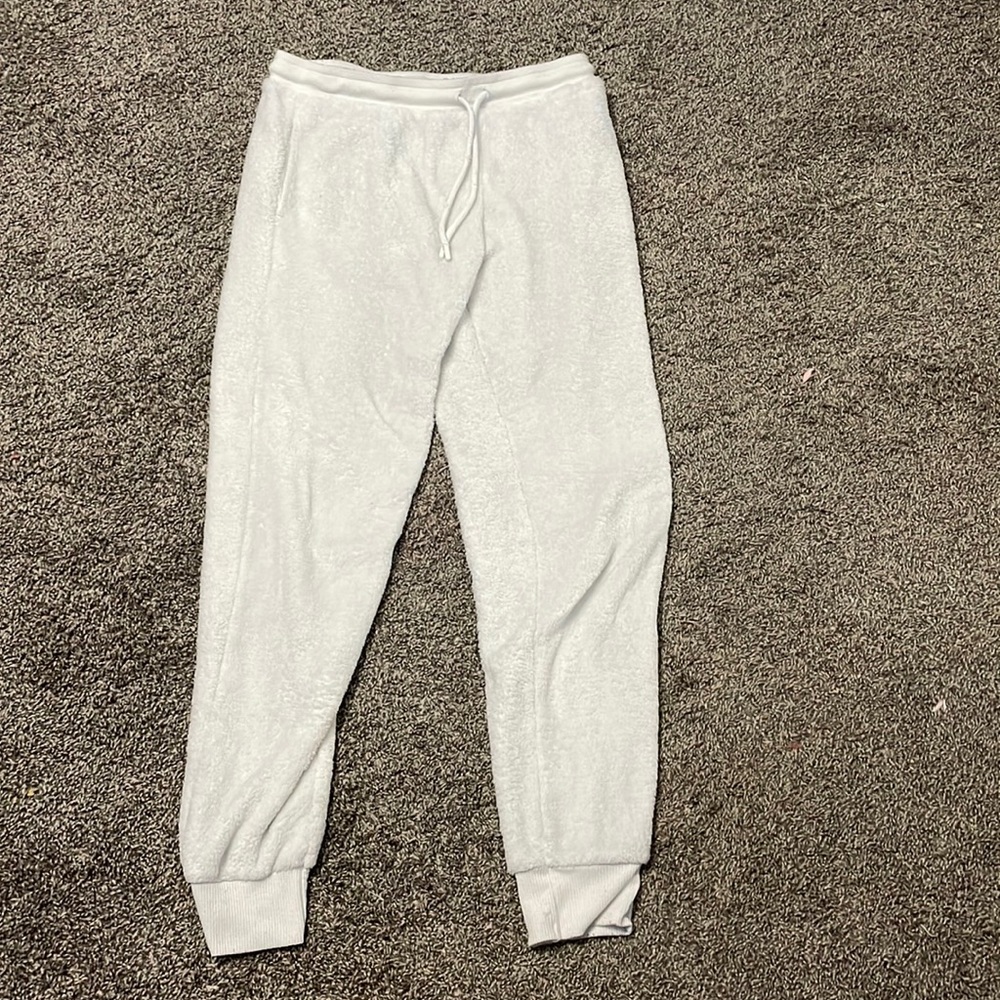 White fuzzy pants comfy to sleep in